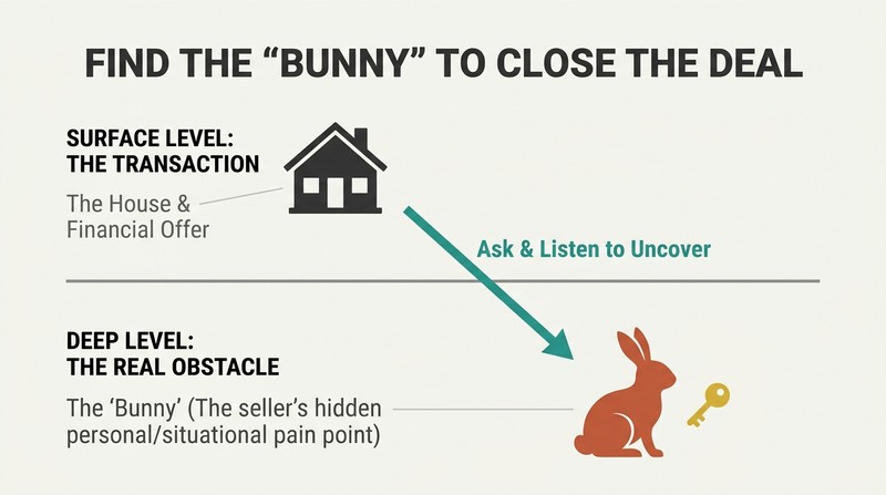 Iceberg style diagram showing a house on the surface representing a transaction, with a hidden rabbit silhouette below representing the seller's true emotional obstacle.