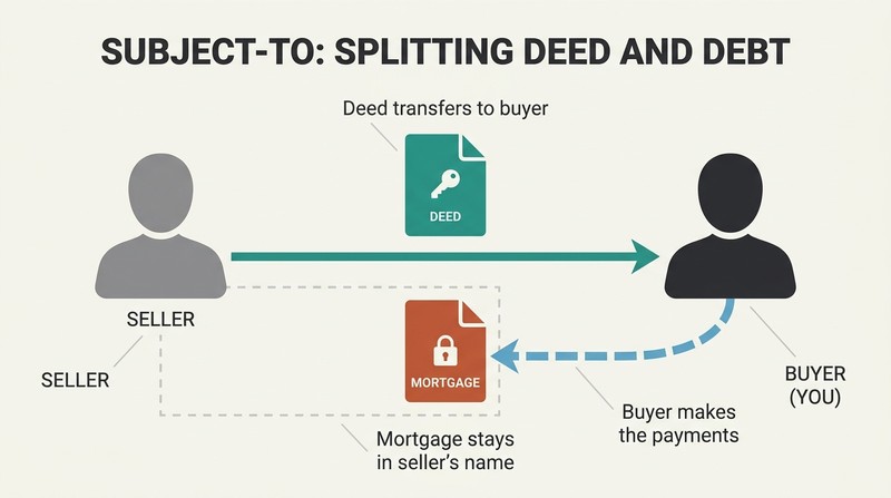 Transaction flow diagram showing how a Subject-to real estate deal transfers the property deed to the buyer while leaving the existing mortgage in the seller's name.