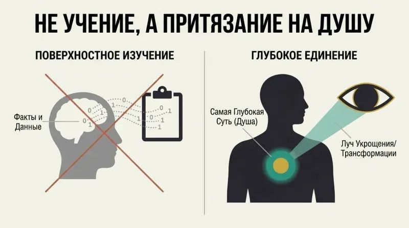 Split-panel diagram contrasting a clinical information exchange on the left with a deep soul communion on the right.