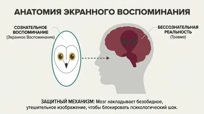 Layered diagram showing a friendly owl-face mask floating in front of a human profile to hide a dark, unsettling memory inside the mind.