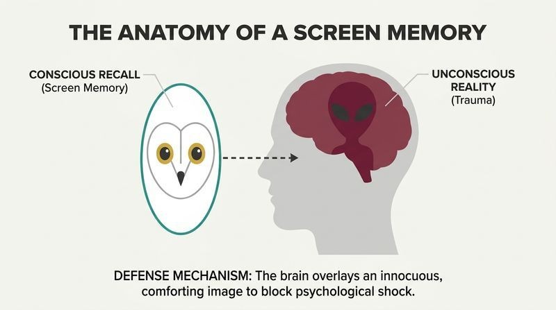 Layered diagram showing a friendly owl-face mask floating in front of a human profile to hide a dark, unsettling memory inside the mind.