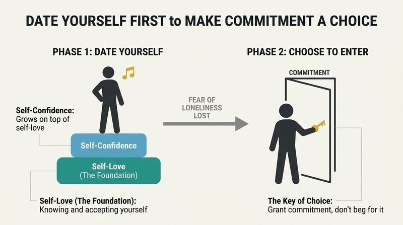 Split timeline diagram showing how building self-love and self-confidence while single gives you the key to treat commitment as an empowered choice.