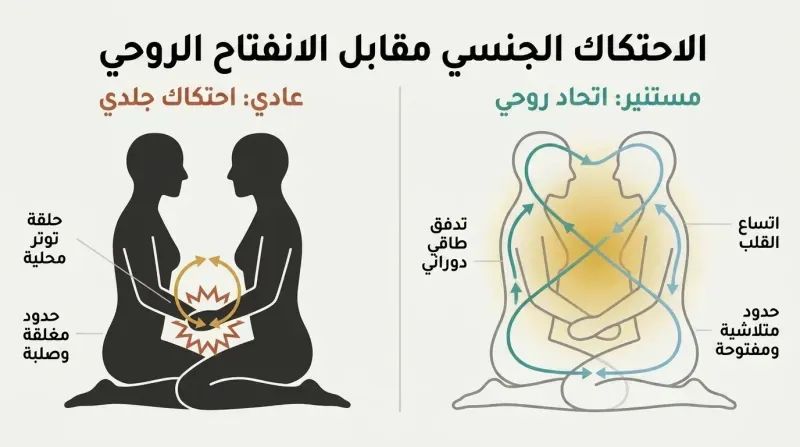 Split-panel diagram contrasting ordinary sex focused on physical friction with enlightened sex focused on whole-body energetic circulation and spiritual connection.