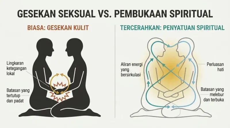 Split-panel diagram contrasting ordinary sex focused on physical friction with enlightened sex focused on whole-body energetic circulation and spiritual connection.