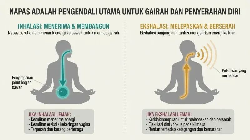 Split panel diagram comparing how deep inhalation draws energy down to build arousal, while long exhalation releases and circulates that energy outward.