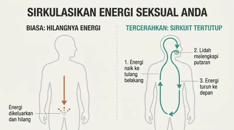 Split diagram contrasting ordinary energy loss exiting the genitals with enlightened energy circulating up the spine and down the front.