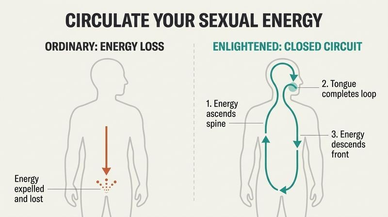 Split diagram contrasting ordinary energy loss exiting the genitals with enlightened energy circulating up the spine and down the front.