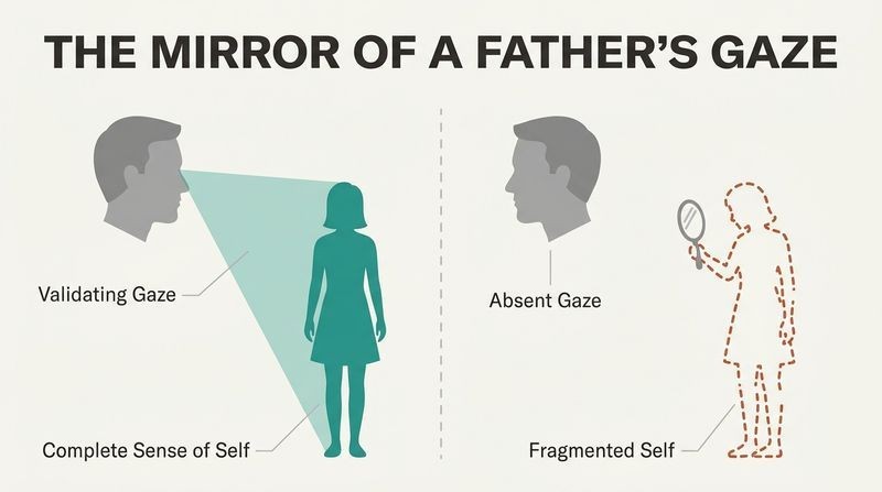 A split-panel diagram contrasting how a father's validating gaze builds a solid identity versus how his absent gaze leaves a daughter's identity fragmented.