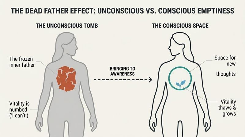 A split-panel diagram showing how an internalized absent father's vacancy transforms from a frozen inner tomb into an open, fertile space for growth once made conscious.