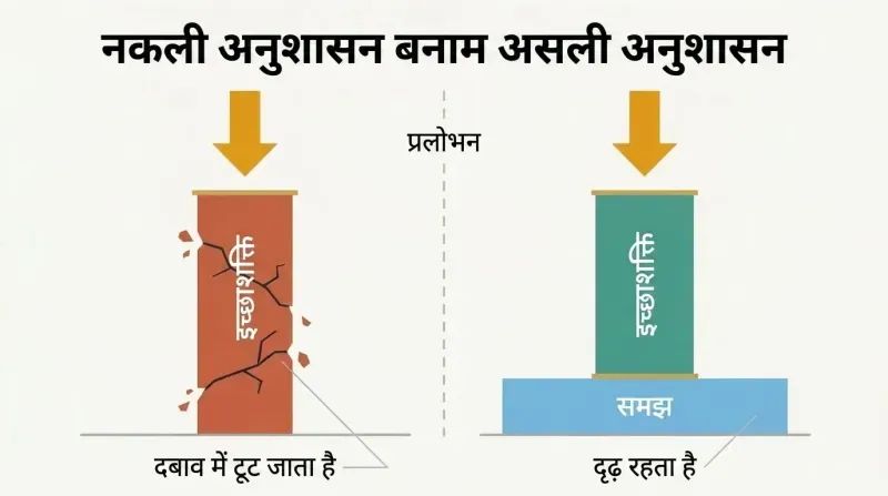 Split panel comparing a cracking lone pillar labeled willpower against a sturdy pillar on a wide foundation labeled understanding, both under the same downward pressure.