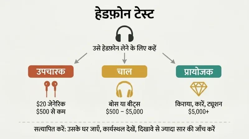 Fork diagram showing how a single headphone gift test classifies men into three spending tiers from Treater to Trick to Sponsor.