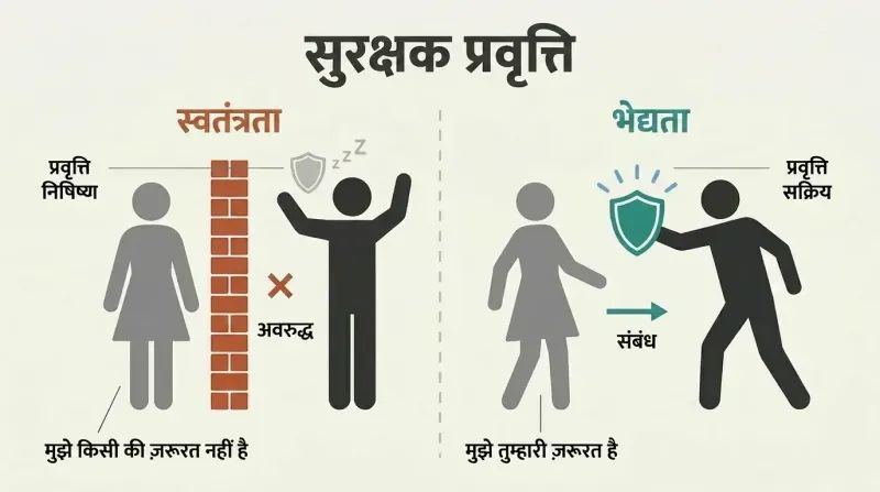 Split panel comparing how independence keeps a shield raised between two figures while selective vulnerability opens a door that activates a protective response.