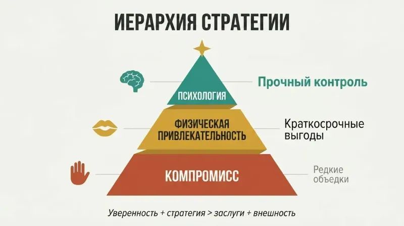 Three-tier pyramid showing how brain-based strategy at the top outperforms physical appeal in the middle and passive settling at the bottom, with escalating returns at each level.