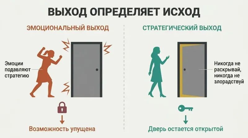 Split panel comparing an emotional exit with a slammed door on the left versus a strategic exit with a door left cracked open on the right.