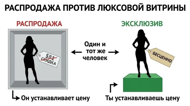 Split panel comparing the same woman silhouette positioned in a bargain bin with a slashed price tag on the left versus displayed on an elegant pedestal with a premium price tag on the right.