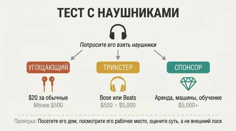 Fork diagram showing how a single headphone gift test classifies men into three spending tiers from Treater to Trick to Sponsor.