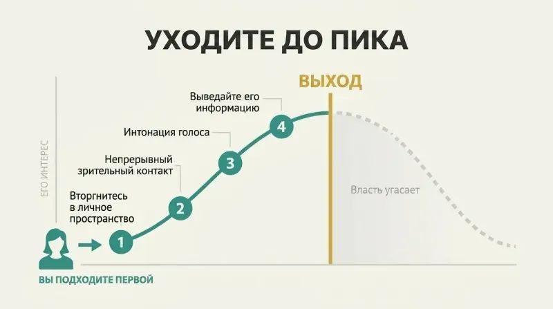 Rising engagement curve with four flirting tactics marked along the ascent and a bold exit line placed before the conversation peaks.