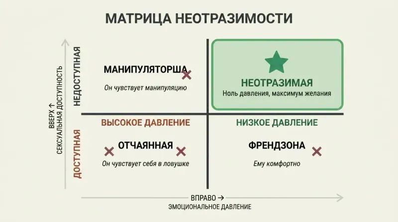 Two-by-two matrix plotting emotional pressure against sexual availability, highlighting the low-pressure and unavailable quadrant as the irresistible sweet spot.