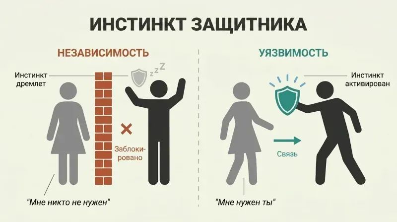 Split panel comparing how independence keeps a shield raised between two figures while selective vulnerability opens a door that activates a protective response.