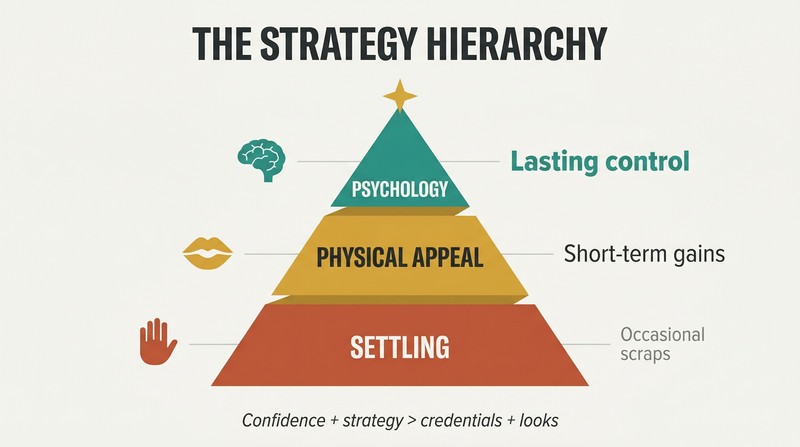 Three-tier pyramid showing how brain-based strategy at the top outperforms physical appeal in the middle and passive settling at the bottom, with escalating returns at each level.