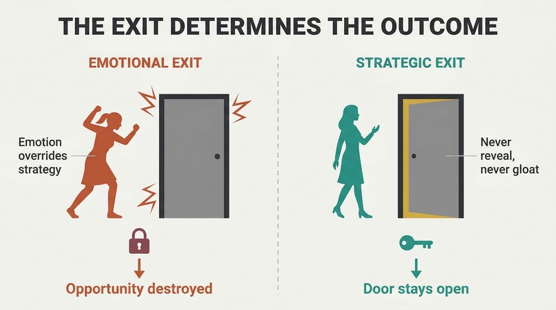 Split panel comparing an emotional exit with a slammed door on the left versus a strategic exit with a door left cracked open on the right.