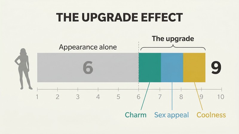 Stacked horizontal bar showing a baseline appearance score of six boosted to nine by three added segments for charm, sex appeal, and coolness.