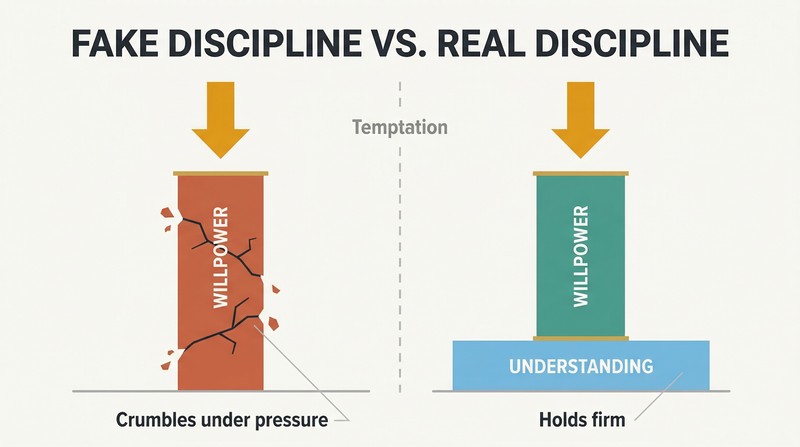 Split panel comparing a cracking lone pillar labeled willpower against a sturdy pillar on a wide foundation labeled understanding, both under the same downward pressure.