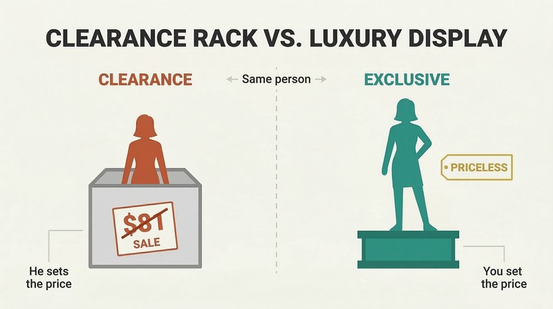 Split panel comparing the same woman silhouette positioned in a bargain bin with a slashed price tag on the left versus displayed on an elegant pedestal with a premium price tag on the right.