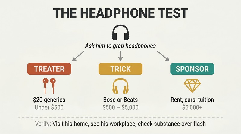 Fork diagram showing how a single headphone gift test classifies men into three spending tiers from Treater to Trick to Sponsor.