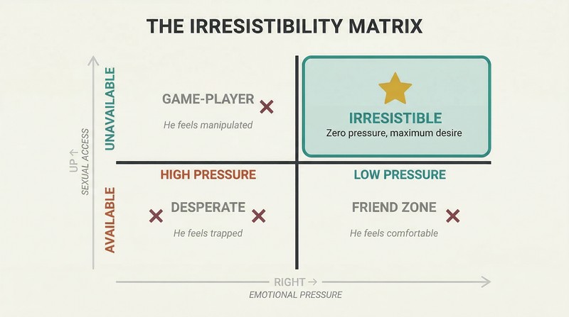 Two-by-two matrix plotting emotional pressure against sexual availability, highlighting the low-pressure and unavailable quadrant as the irresistible sweet spot.