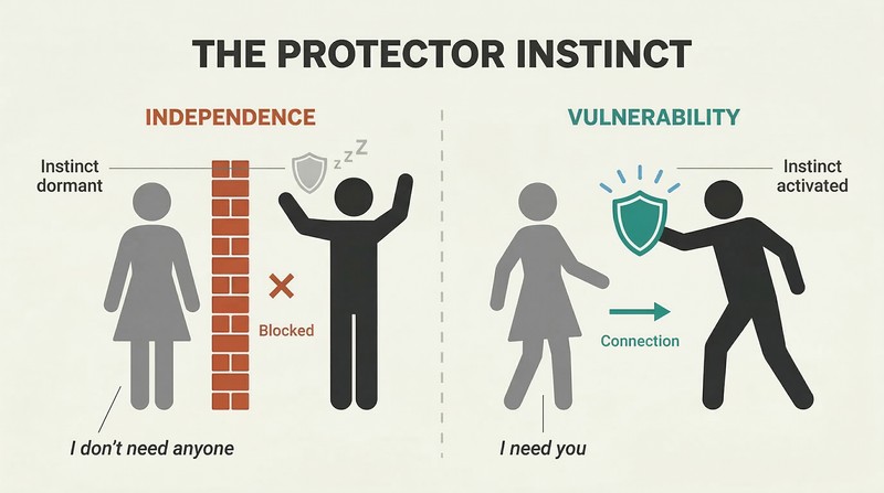 Split panel comparing how independence keeps a shield raised between two figures while selective vulnerability opens a door that activates a protective response.