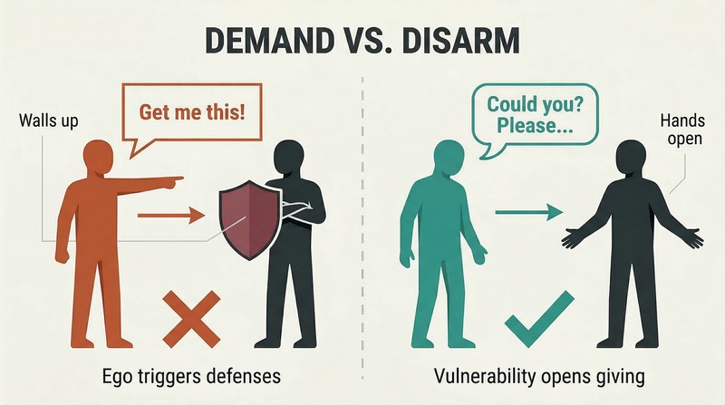 Split panel comparing a confrontational demand that raises a shield wall with a soft vulnerable ask that opens willing hands.