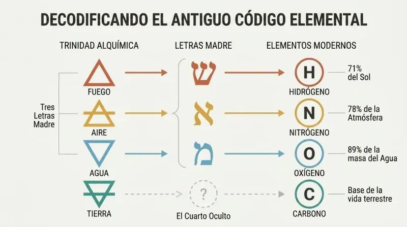 A translation matrix mapping the four ancient alchemical elements and three Hebrew mother letters to their modern chemical equivalents: Hydrogen, Nitrogen, Oxygen, and Carbon.