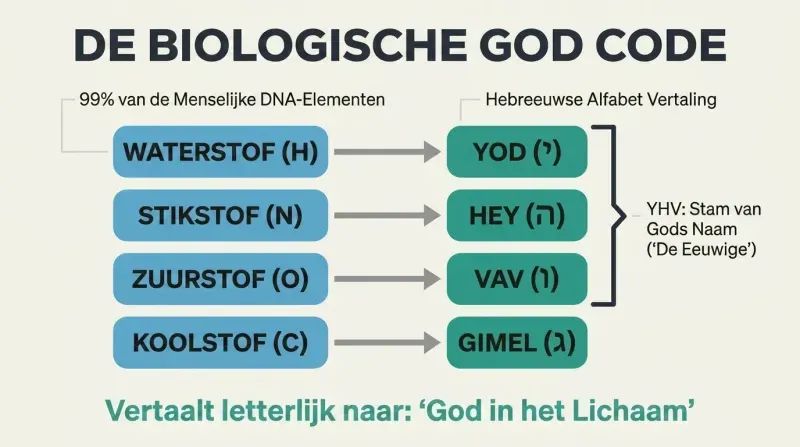 Parallel mapping diagram translating the four elements of human DNA directly into the Hebrew letters Yod, Hey, Vav, and Gimel to reveal the ancient divine signature.