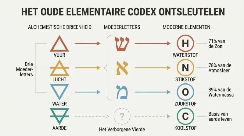A translation matrix mapping the four ancient alchemical elements and three Hebrew mother letters to their modern chemical equivalents: Hydrogen, Nitrogen, Oxygen, and Carbon.