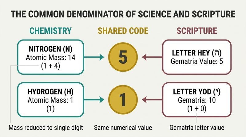 Three-column diagram showing how chemistry's atomic masses and scripture's Hebrew letters reduce to the exact same single-digit numbers.