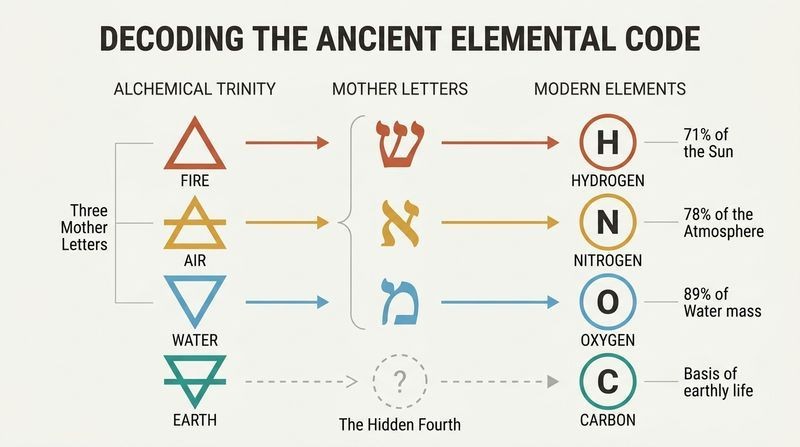 A translation matrix mapping the four ancient alchemical elements and three Hebrew mother letters to their modern chemical equivalents: Hydrogen, Nitrogen, Oxygen, and Carbon.