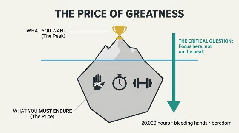An iceberg diagram showing a gold trophy at the visible peak and the heavy price of endurance, hours, and sacrifice hidden below the waterline.