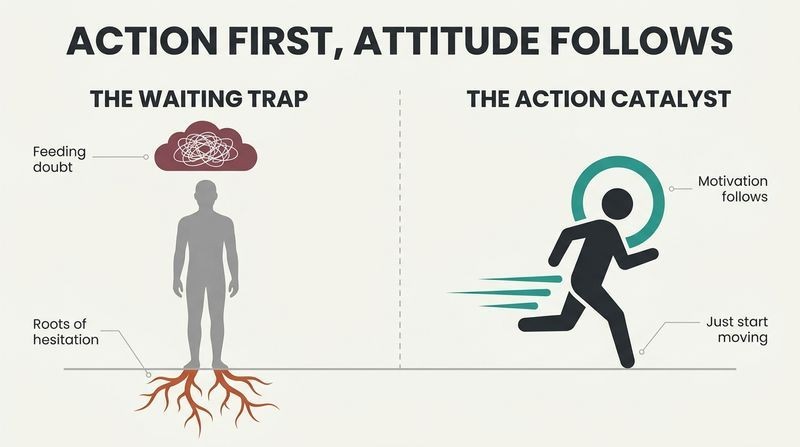 Split panel diagram comparing the frozen "waiting trap" where hesitation takes root, to the dynamic "action catalyst" where immediate small action generates motivation.