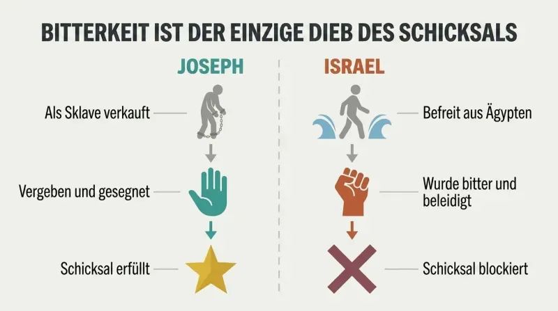 Split panel comparing Joseph's path through suffering to destiny via forgiveness against Israel's path from deliverance to blocked destiny via bitterness.
