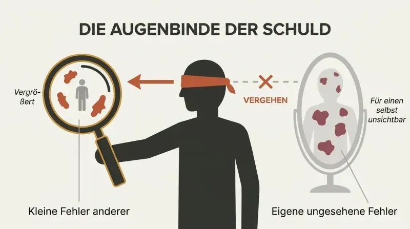 Central blindfolded figure points a magnifying glass at another person's tiny flaws on the left while a mirror revealing the figure's own large flaws sits ignored on the right.