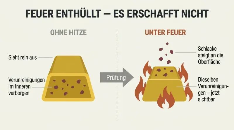 Split comparison showing a gold bar with hidden internal impurities on the left, and the same gold in fire with impurities visibly rising to the surface on the right.