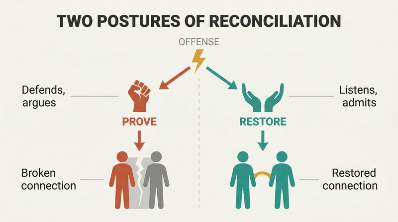 Fork diagram showing conflict splitting into a pride path that breaks connection and a humility path that restores it.