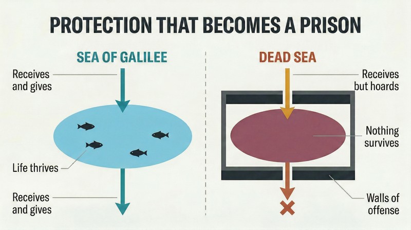 Split comparison of two bodies of water — one open with flowing currents and life, the other walled in with stagnant water and no life.