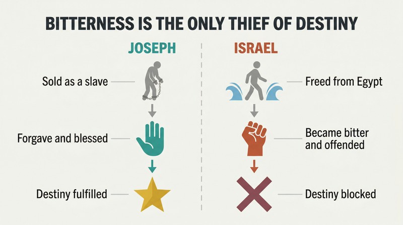 Split panel comparing Joseph's path through suffering to destiny via forgiveness against Israel's path from deliverance to blocked destiny via bitterness.