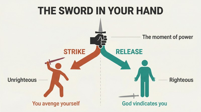 Fork diagram showing a hand gripping a sword at top diverging into two paths: left shows a raised sword representing self-vengeance, right shows a sword laid down representing righteous restraint and divine vindication.