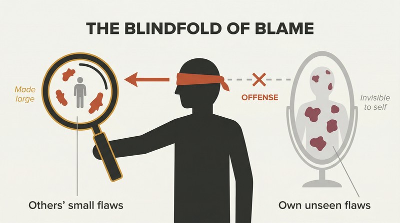 Central blindfolded figure points a magnifying glass at another person's tiny flaws on the left while a mirror revealing the figure's own large flaws sits ignored on the right.