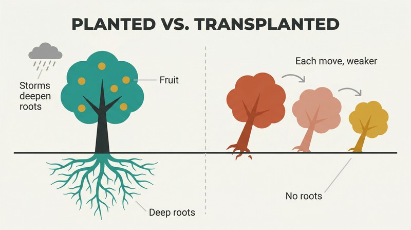 Split panel comparing a deeply rooted fruit-bearing tree on the left with three progressively smaller uprooted trees on the right, revealing that staying through storms grows deep roots while repeated flight produces none.