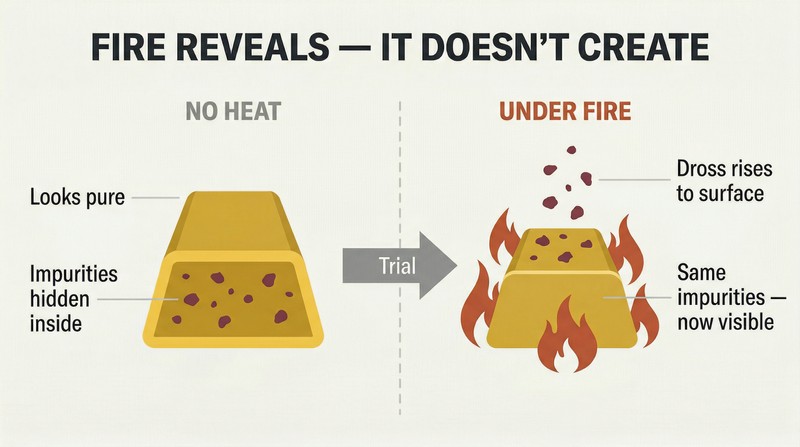 Split comparison showing a gold bar with hidden internal impurities on the left, and the same gold in fire with impurities visibly rising to the surface on the right.