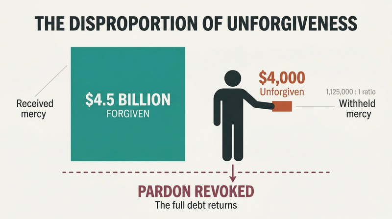 Proportion comparison showing an enormous block representing a $4.5 billion forgiven debt dwarfing a tiny sliver representing a $4,000 debt the servant refuses to forgive.